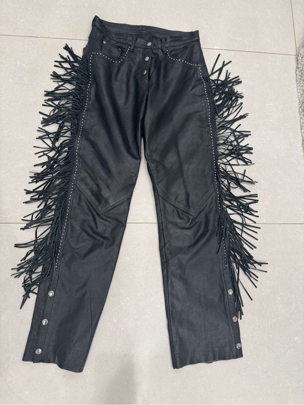 Black Fringe Lambskin Leather Women’s Jeans
